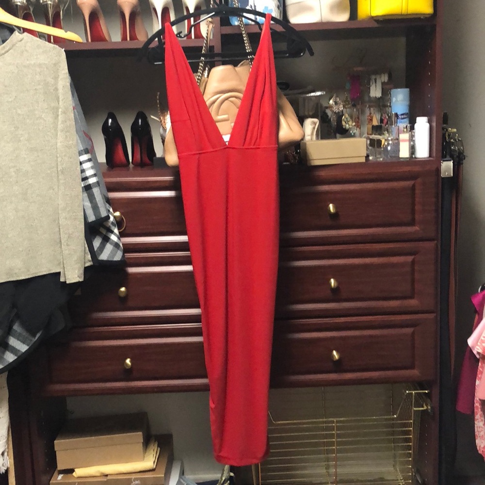 Red form fitting midi dress